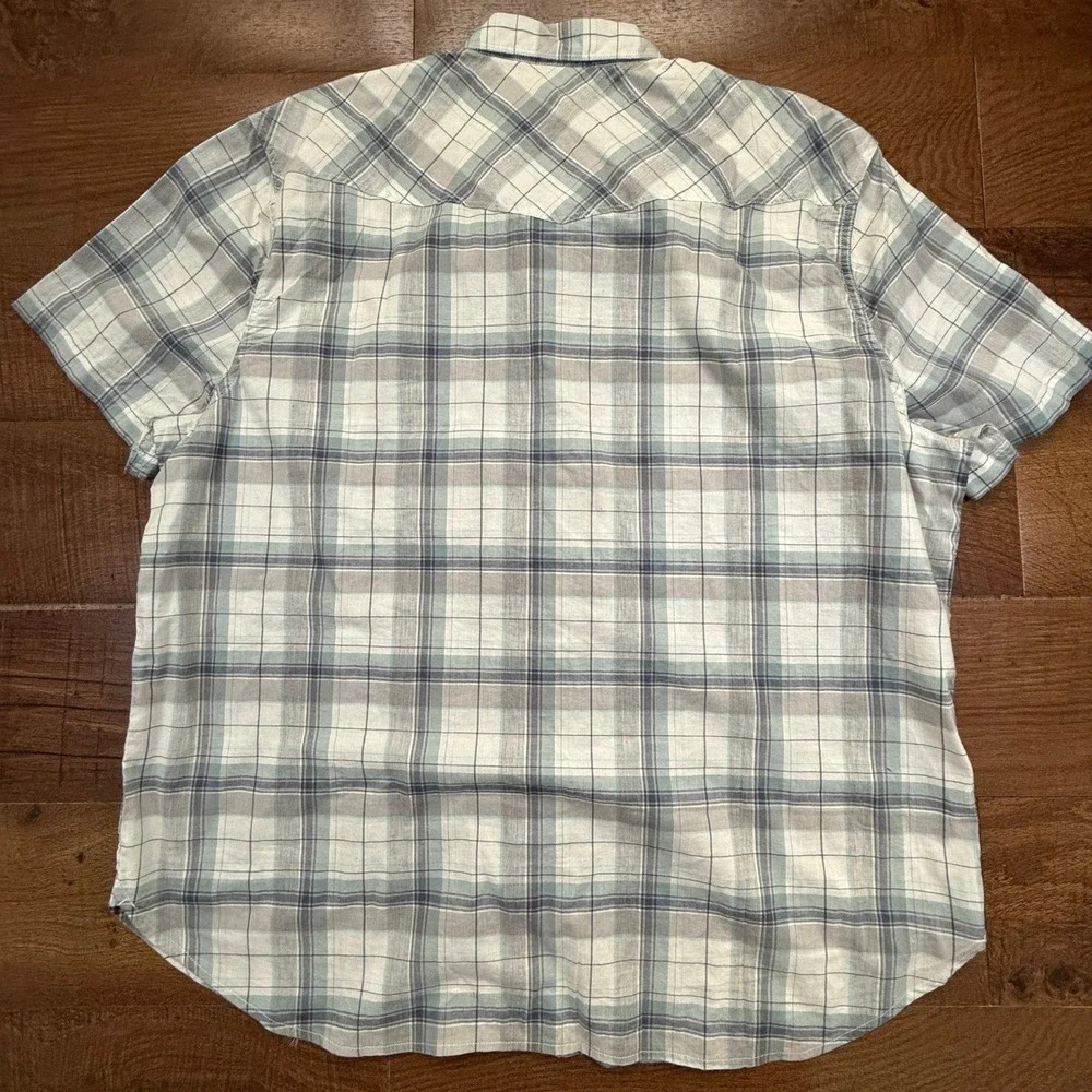 Lucky Brand Western Shirt Mens XXL Blue Plaid Saturday Stretch Short Sleeve Snap